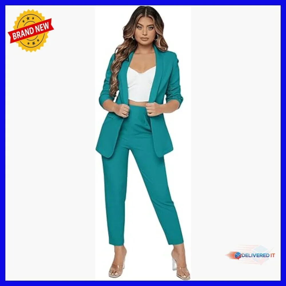 Women's 2-Piece Ruched Sleeve Blazer Pants Suit Set Polyester Office Wear